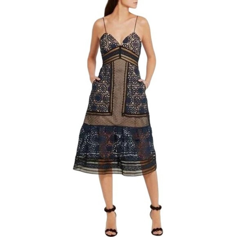 Self Portrait New Blue Dress 6  Embroidered Floral Layered Sheer Guipar Summer